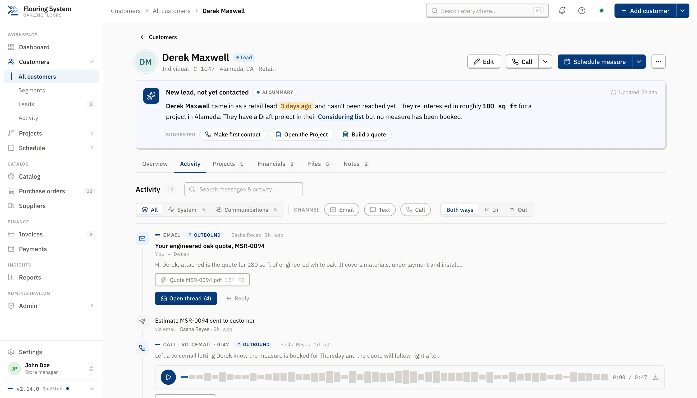 Customer activity timeline with emails, texts, and calls, including a voicemail recording