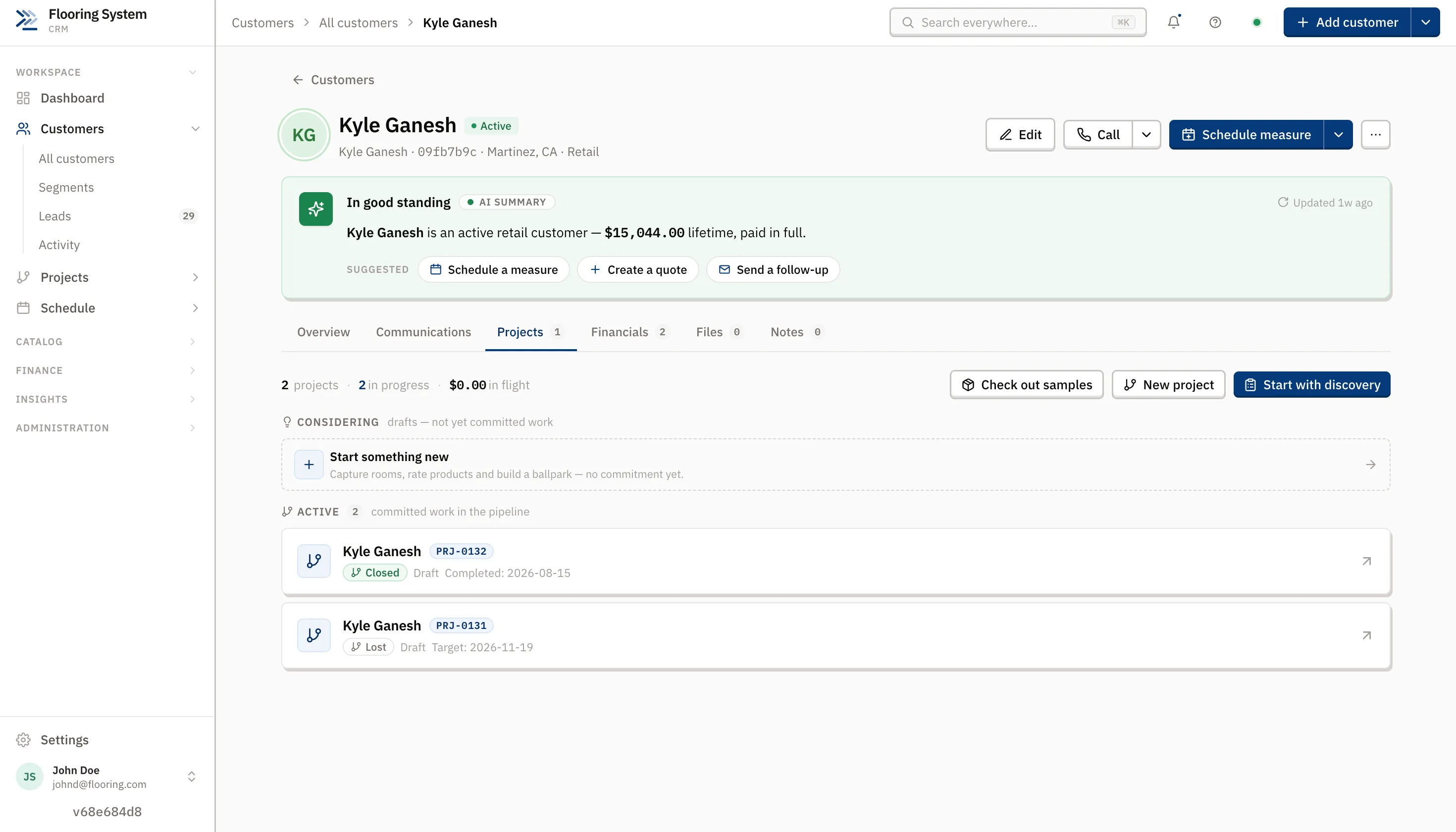 Customer record showing projects, status, and suggested next steps